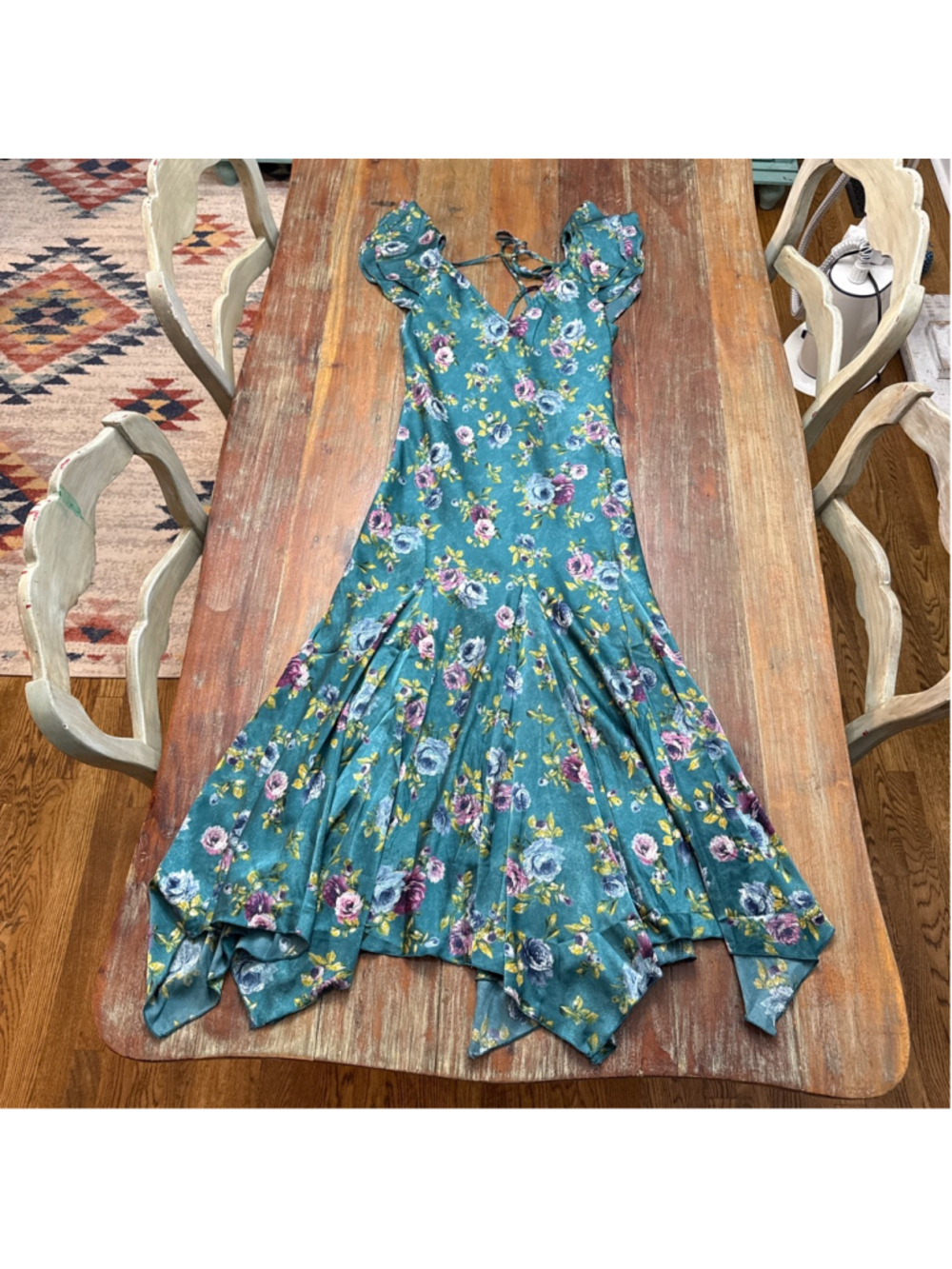 VICI Floral Satin Handkerchief Hem Maxi Dress Wedding Guest Small Flutter Sleeve